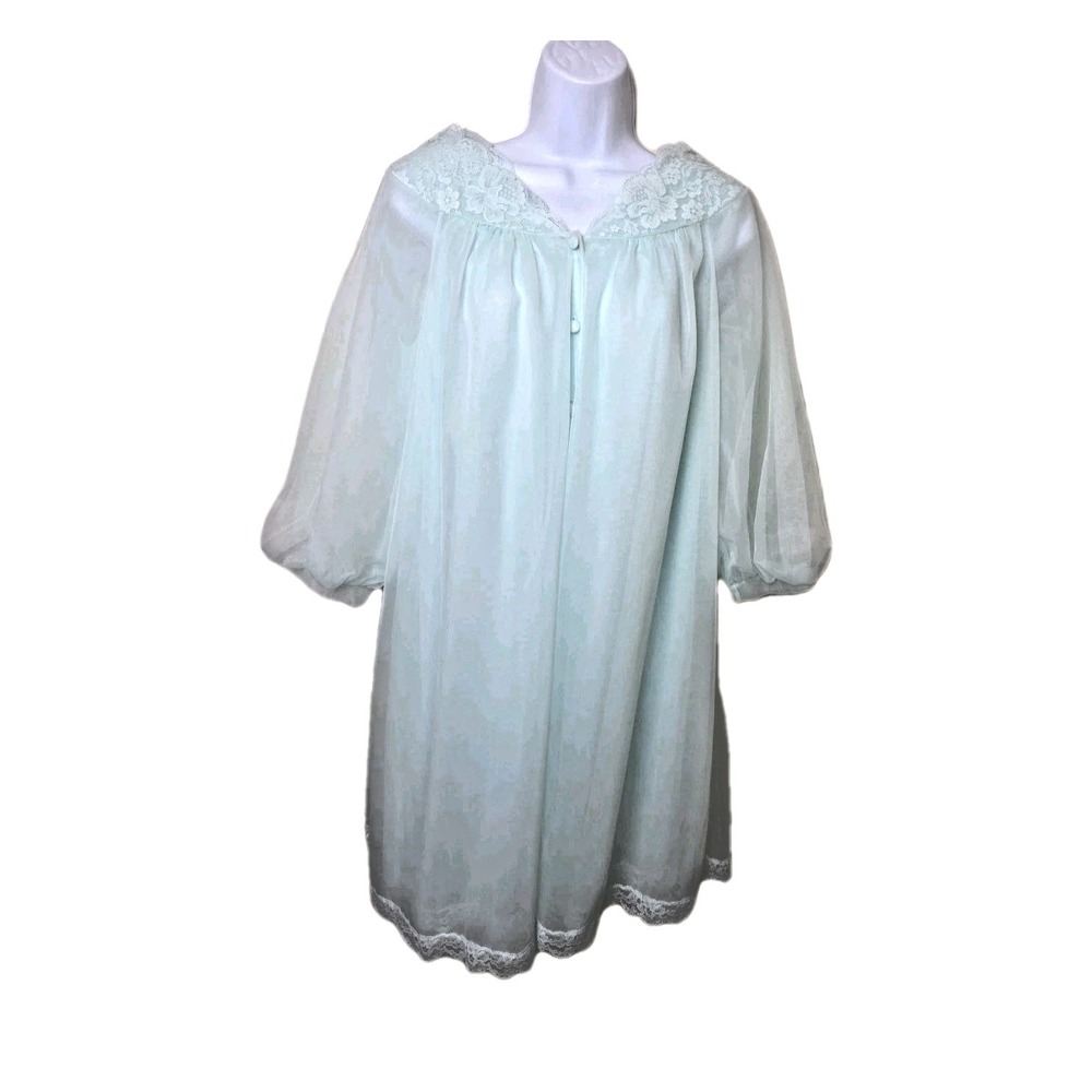 Vtg 1960s Vanity Fair Chiffon Peignoir Set Gown Robe Nightgown Tricot XS‎ Green